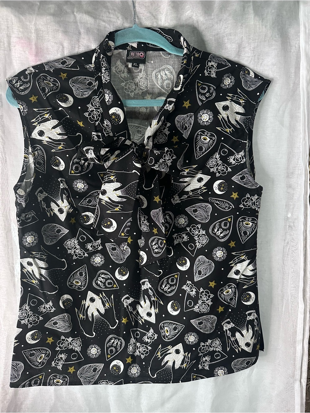 Retrolicious Black Ouija Sleeveless Tie-Neck Blouse XL